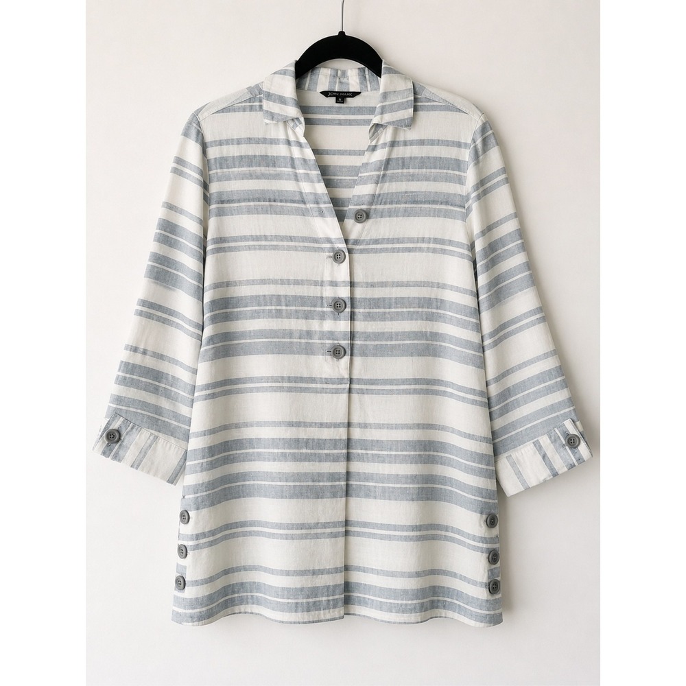 John Mark 100% Linen Coastal Lagenlook Tunic Blouse Blue White Stripe 3/4 Sleeve